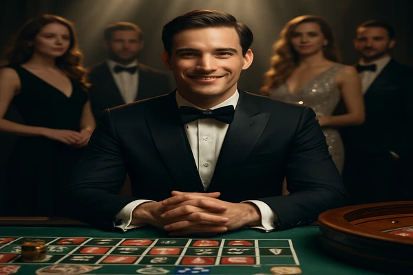 নিয়ন আলোয় আলোকিত আধুনিক ক্যাসিনো পরিবেশে স্টাইলিশ উপস্থাপনা