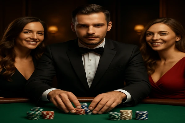 একজন নারী ল্যাপটপে অনলাইন খেলা উপভোগ করছেন, চারদিকে জ্বলজ্বল করছে ক্যাসিনোর আলোয় ভরা পরিবেশ